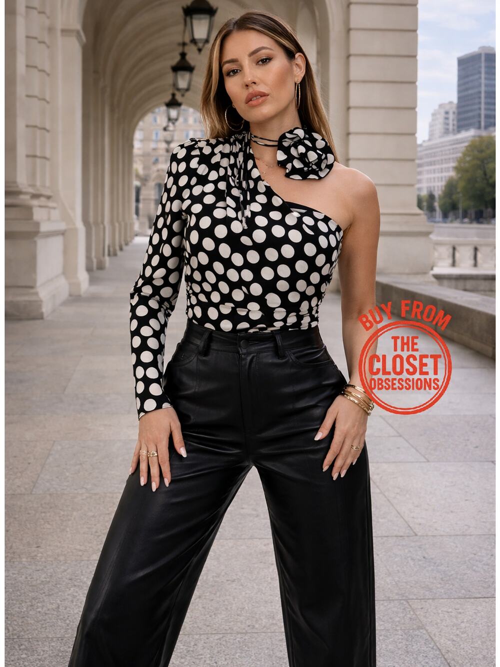 MANGO One Shoulder Polka Dot Satin Blouse NWT Statement Floral Top Size 8
